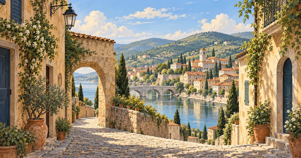 Illustrated European riverside town framed by a sunlit stone archway