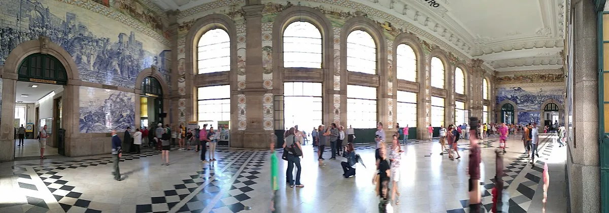 Azulejo-lined concourse inside São Bento railway station in Porto