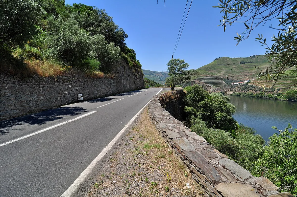 The N222 road beside the Douro between Régua and Pinhão, with vineyard terraces