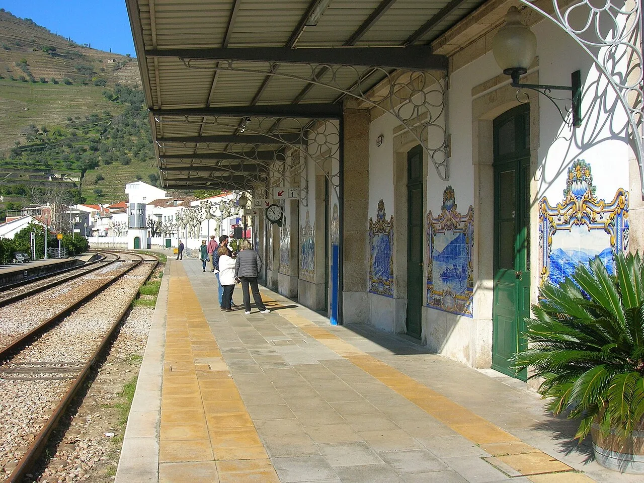 Azulejo panels along the covered platform at Pinhão railway station