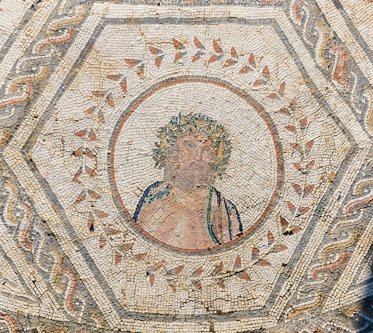 Portrait detail in the Planetarium mosaic at Itálica in Santiponce