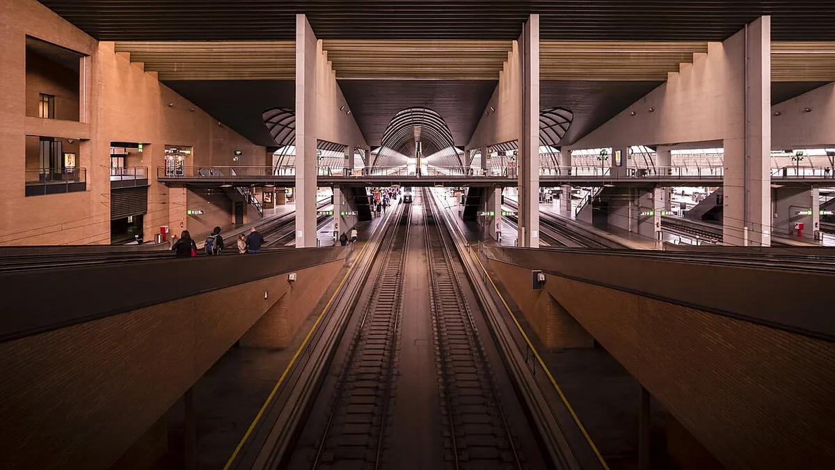 Tracks and covered platforms inside Sevilla Santa Justa